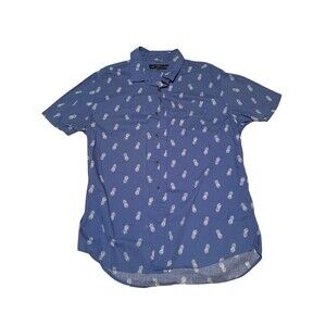 Sunday Work Clothes Men's Blue Pineapple Print Cotton Button-Up Shirt Size L